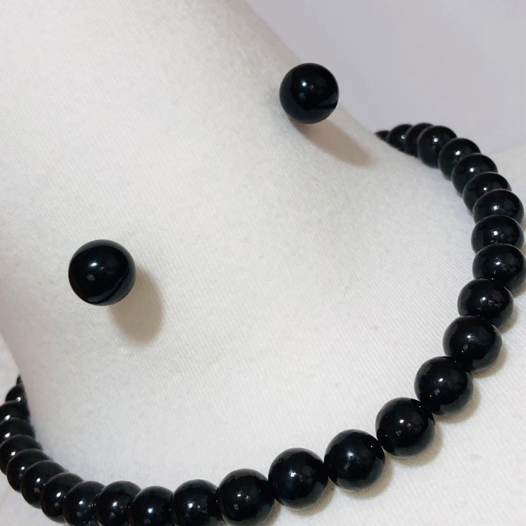 SV天然ジェットネックレス10mmup 43cm SVピアス12mmupセット