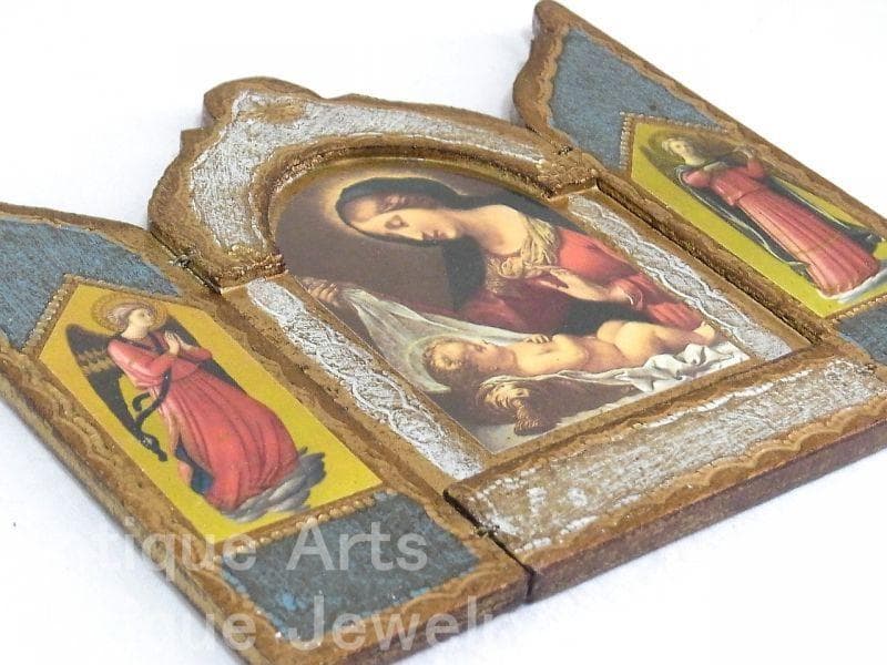 イタリア ヴィンテージ『観想の聖母マリア』カルロ・ドルチの工房作３枚続きの祭壇画