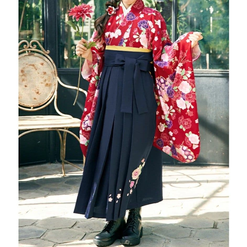 arisana 袴セット 卒業式 小学生 160 赤着物×紺袴 簡単着付け