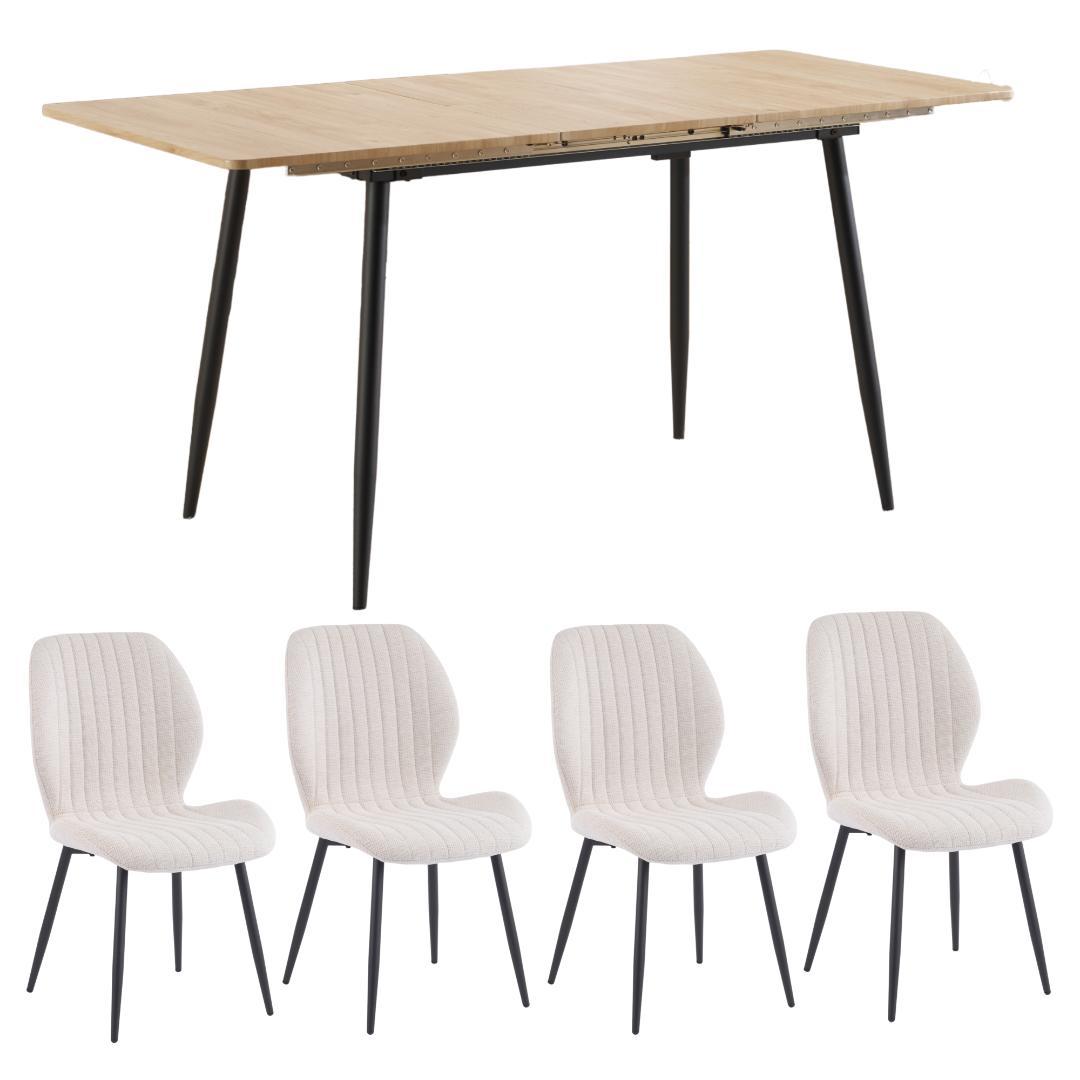 【テーブル+4脚セット】伸縮可能 ダイニングテーブル 木目調 組立簡単 ソリッド