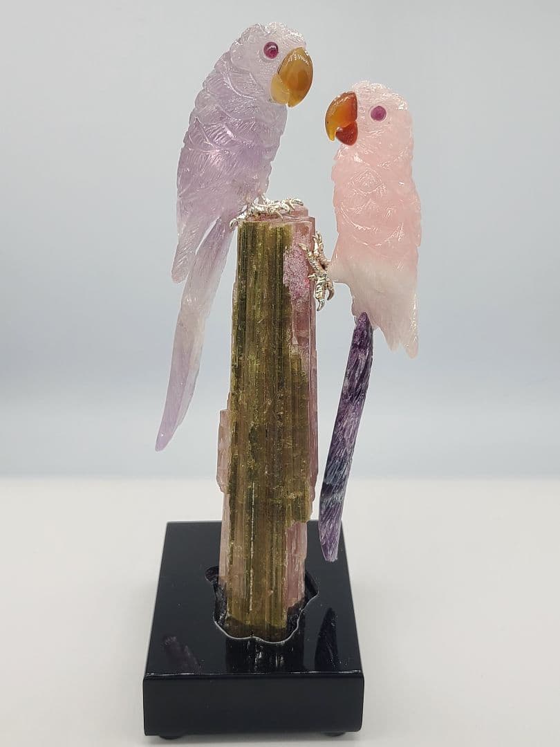 天然石鳥彫刻 おうむのつがい