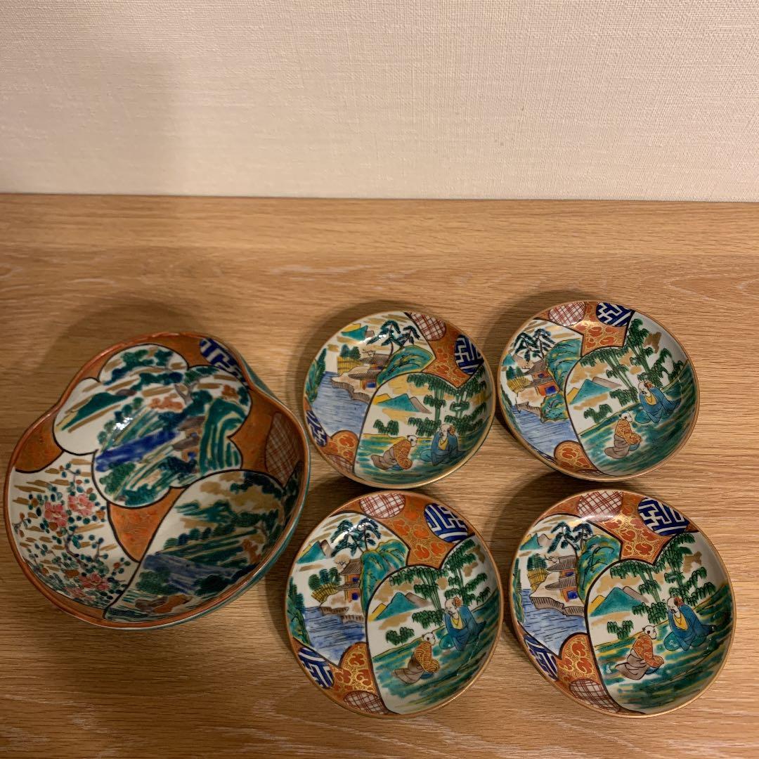 九谷庄三　彩色金蘭手　4枚と菓子鉢1個　　アンティーク