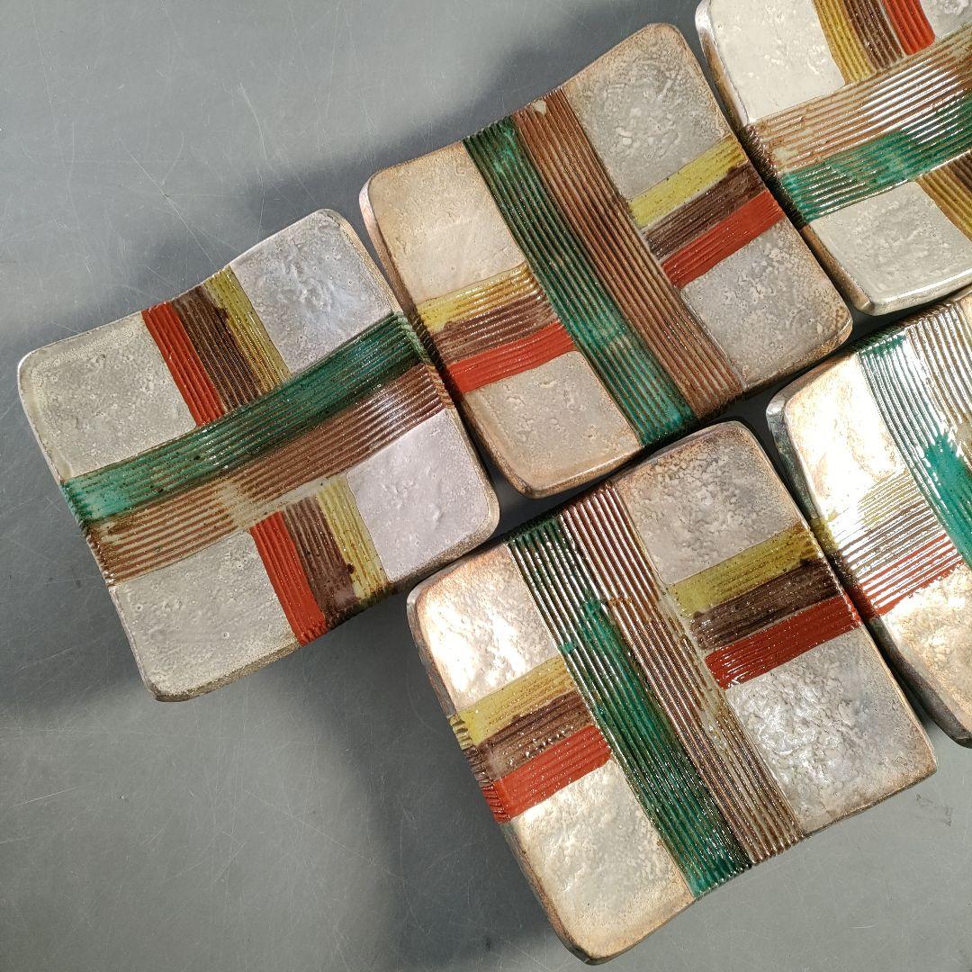 A1366-1/北大路魯山人写/祥山窯/美食道楽 色絵銀彩糸巻文四方皿5客/共箱