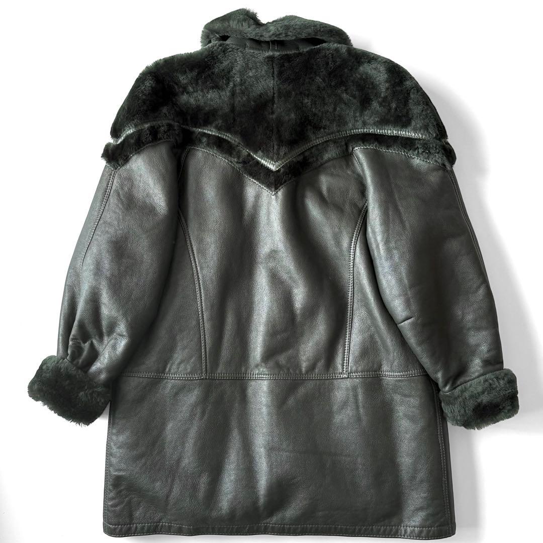 【フランス製】レザージャケット ムートン切替 コンビ ロールアップ グリーン系