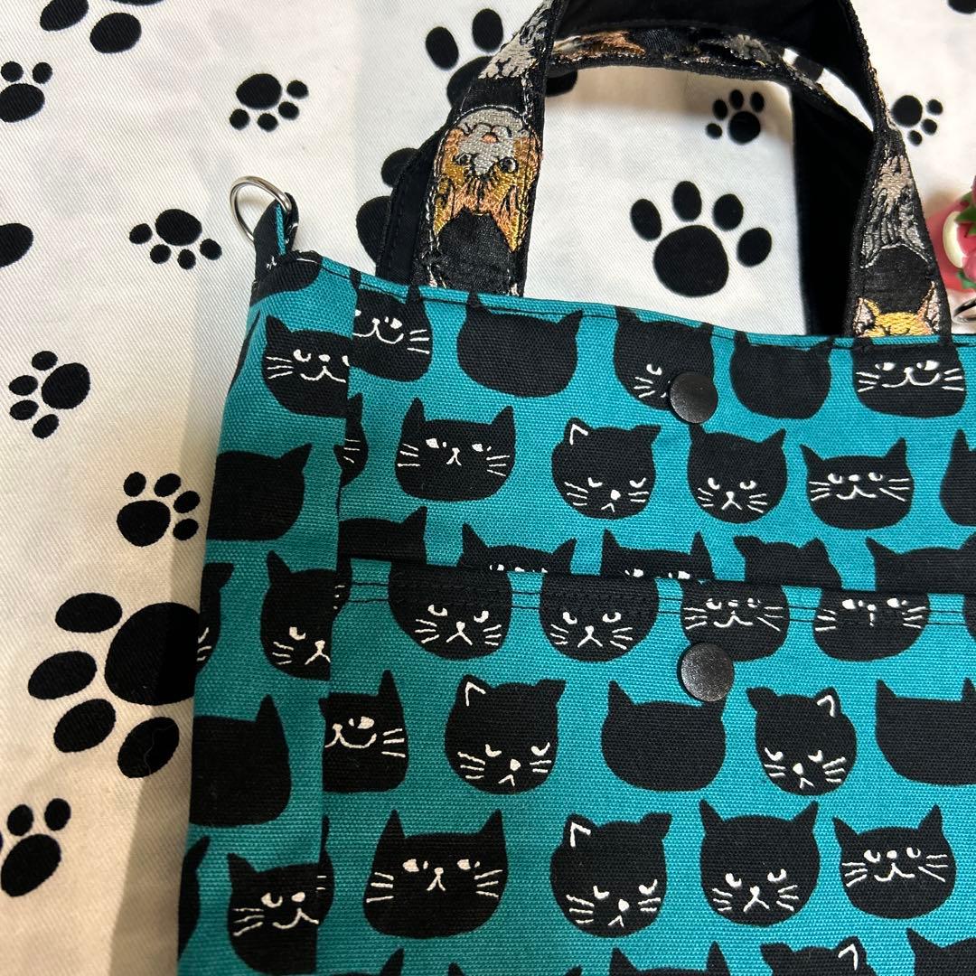 ハンドメイド黒猫プリントのスクエアトートバッグ