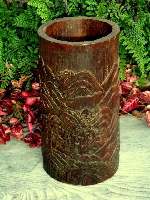 ♥中国　古玩　竹製　筆筒　書道具