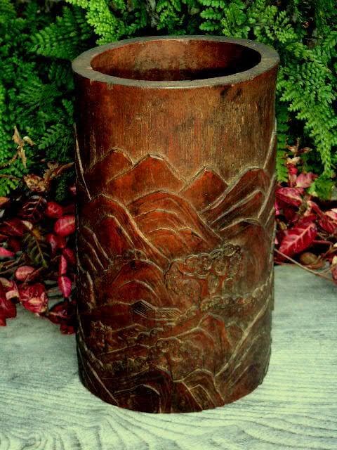 ♥中国　古玩　竹製　筆筒　書道具