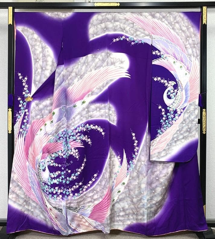 508z20〇ふくよかサイズ 振袖 銀彩 孔雀 紫〇美品 成人式 結婚式