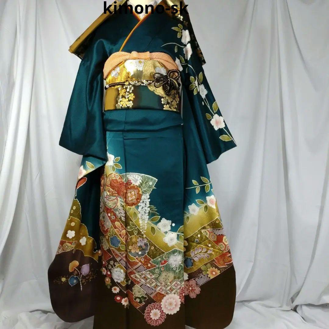 着物　g　振袖フルセット　振袖　駒刺繍　金彩　成人式　卒業式　緑