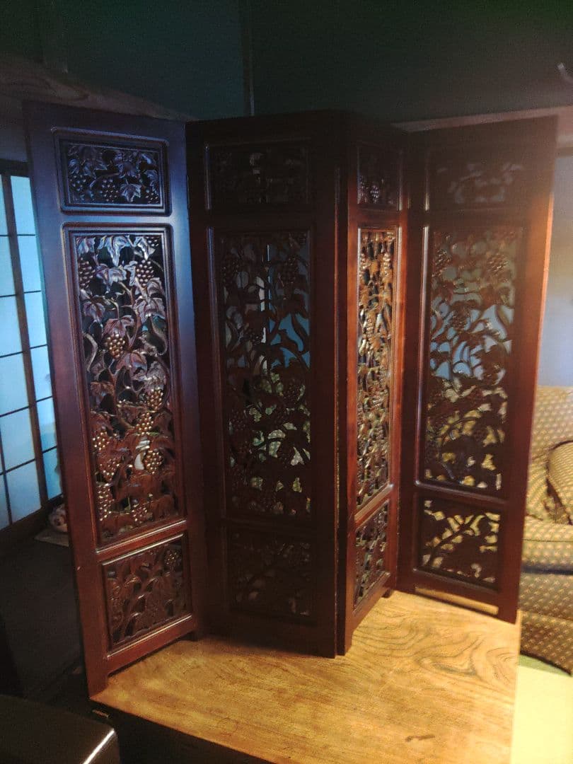 希少　パーテーション　透かし彫り　衝立　無垢　間仕切り　4連　ヴィンテージ