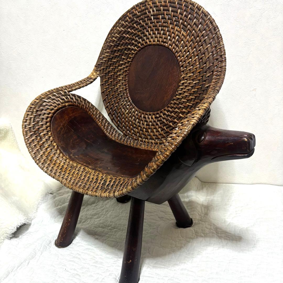 【極希少】ラタン製 チェア 彫刻 木彫り 犬 ドッグ