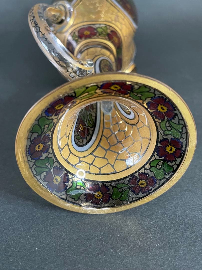 アンティークモーゼル金彩エナメル西洋撫子紋両耳大飾壺