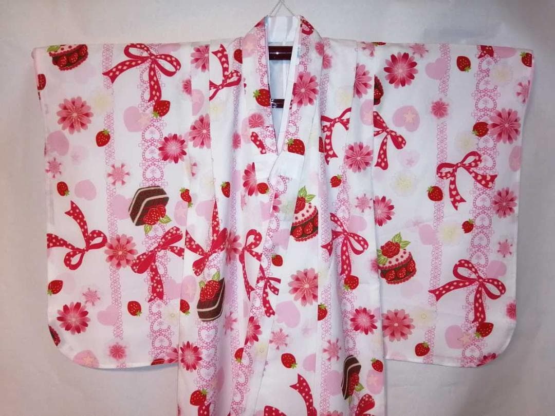 ★未使用品★白地イチゴケーキ.リボン柄３～4歳用着物 長襦袢付七五三 ③-3