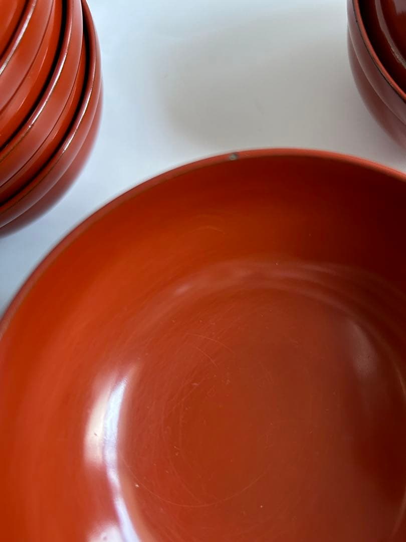 輪島塗　時代物 木製 梅鳥図　鈴形 布着 蓋付　朱色 煮物椀 吸物椀 10客