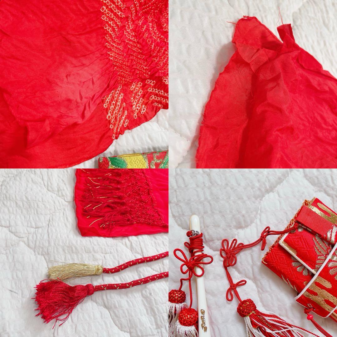 七五三　着物セット 7歳　赤×緑　レトロ