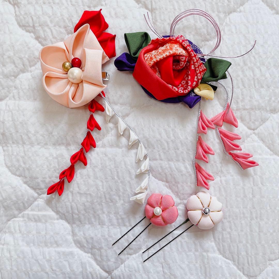 七五三　着物セット 7歳　赤×緑　レトロ