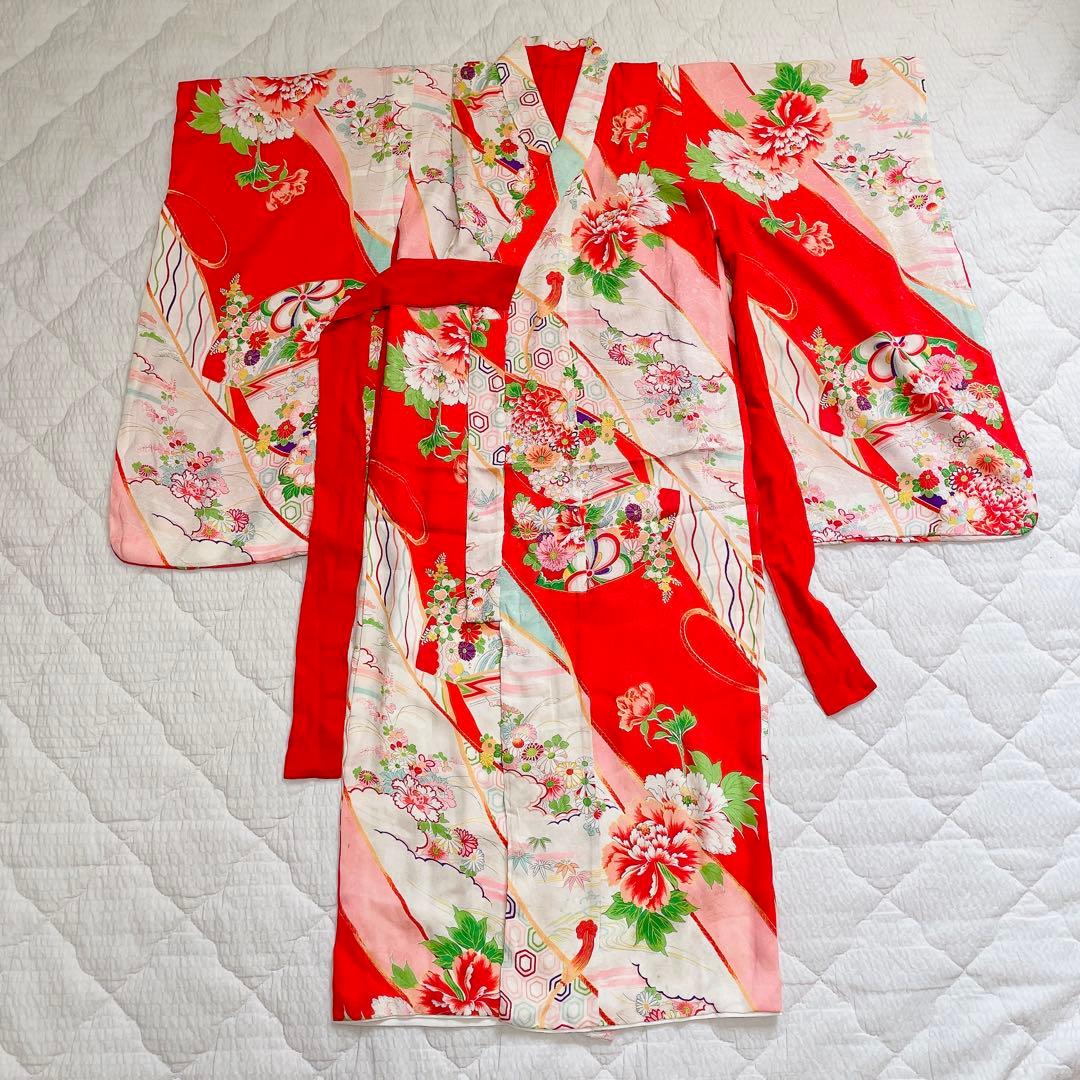 七五三　着物セット 7歳　赤×緑　レトロ
