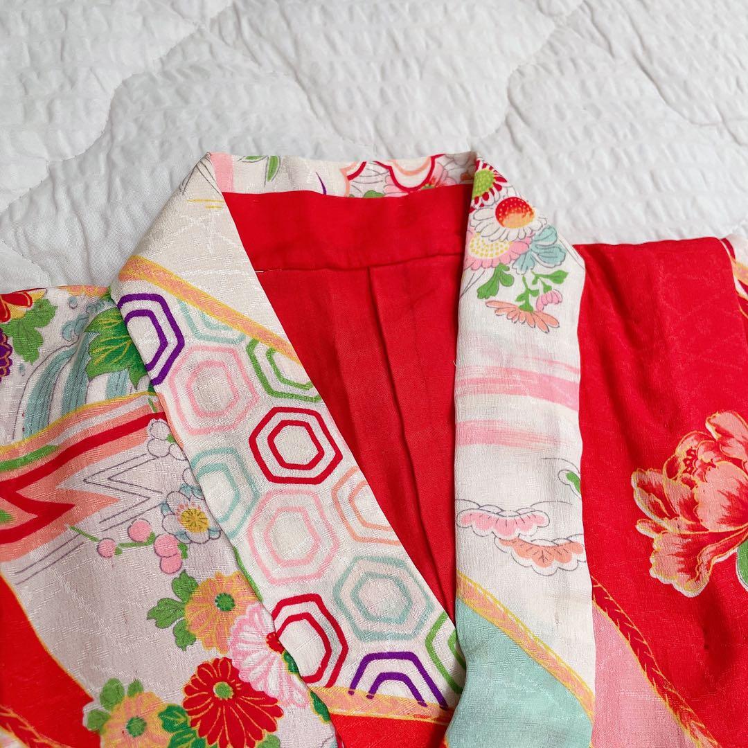 七五三　着物セット 7歳　赤×緑　レトロ