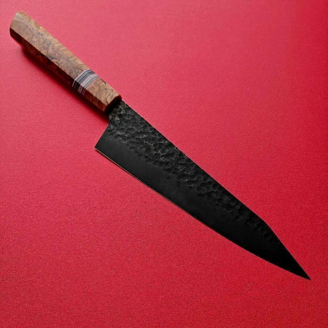 新品　鍛造VG10 黒染め　切り付け 牛刀包丁　Spalted Wood 八角柄