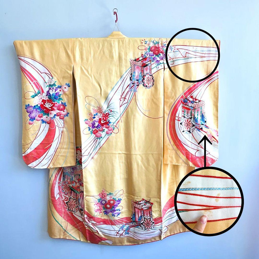 セット　七五三７歳女の子　着物＆作り帯＆袖なし長襦袢＆小物　クリーム色　花御所