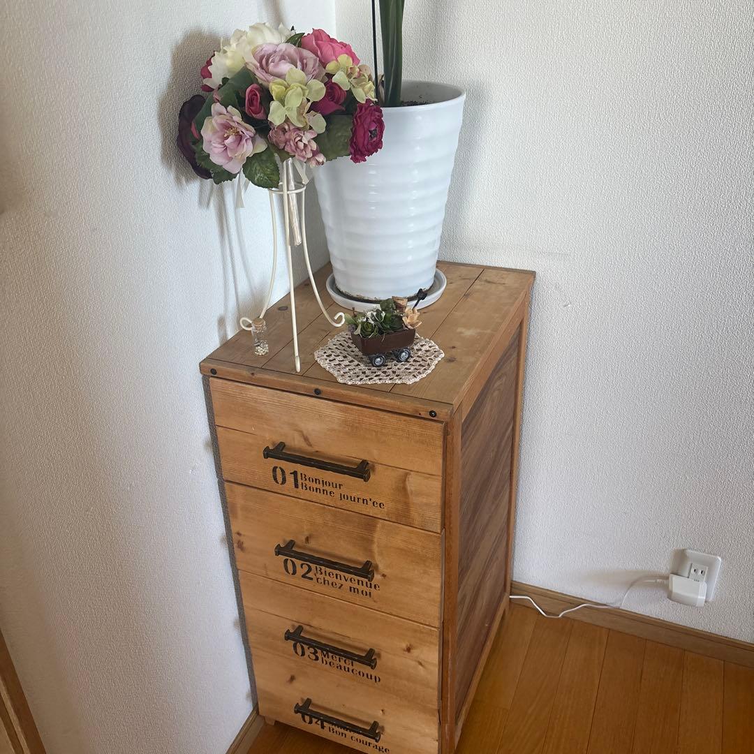 ハンドメイド　木製4段引き出しチェスト　ナチュラル