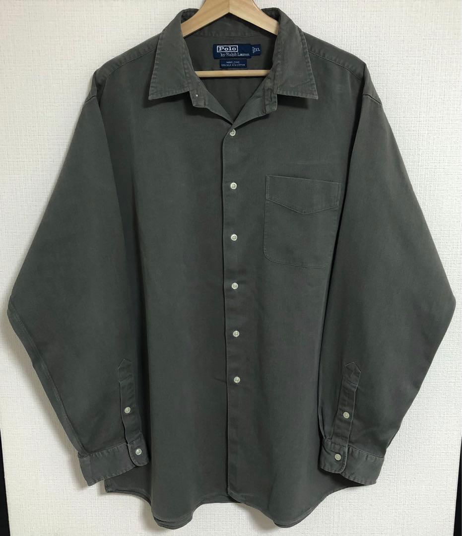 完全無地 長袖90s ポロ ラルフローレン オープンカラー 開襟 シャツ グレー