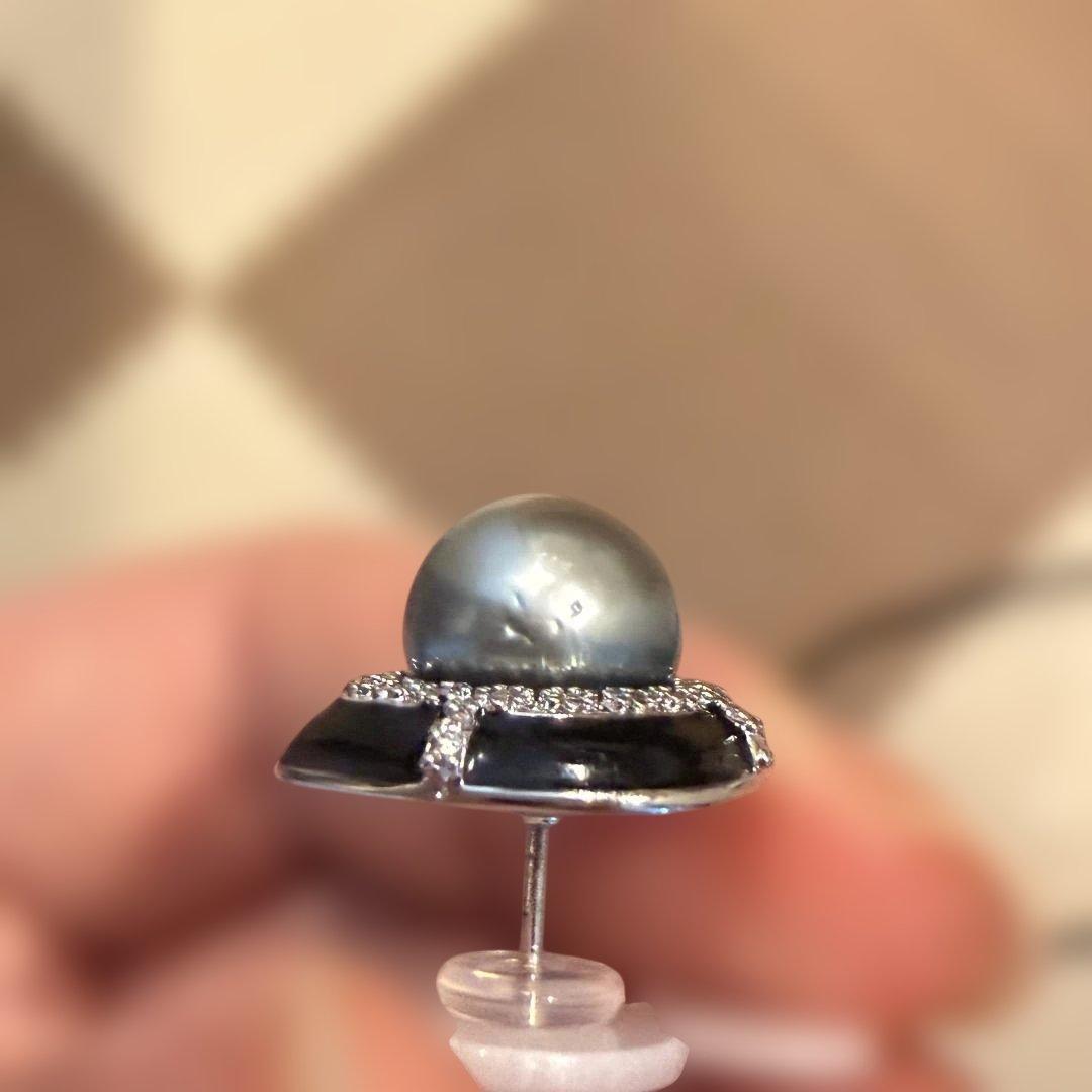 【極上】タヒチ黒蝶真珠 プラチナグレー ピアス ピンク干渉色 18kGP 訳あり