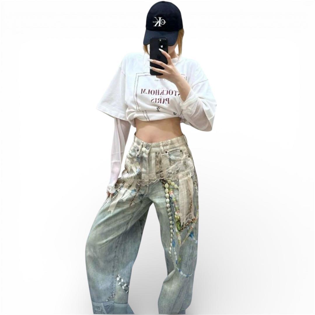 新品　 レースプリントワイドバギーパンツ　デニム　 2XL