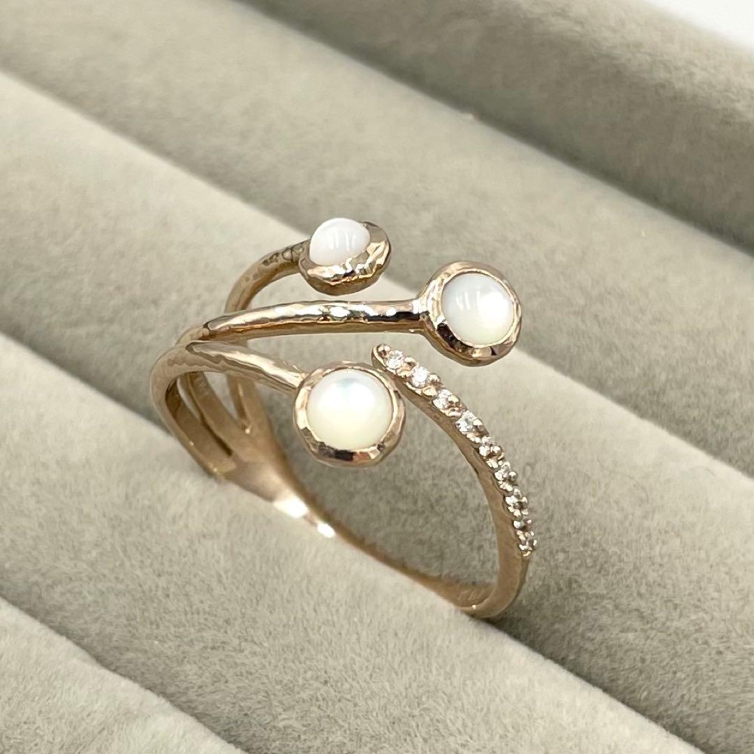 極美品★シエナロゼ　MIRROR 白蝶貝　リング　ロゼチナ　9Pダイヤ　12号