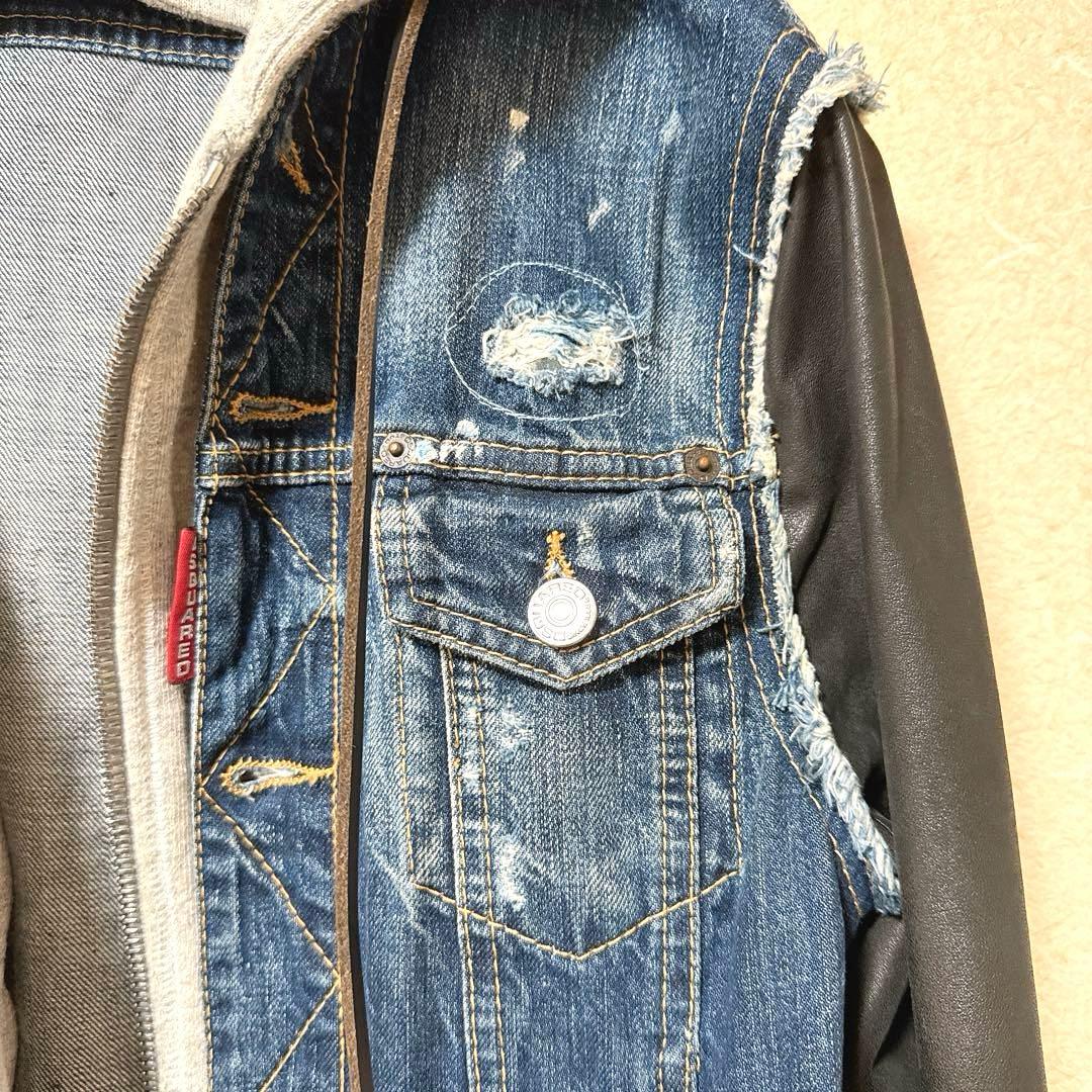 DSQUARED2 デニム ジャケット 袖レザー 46 ダメージ加工 パーカー