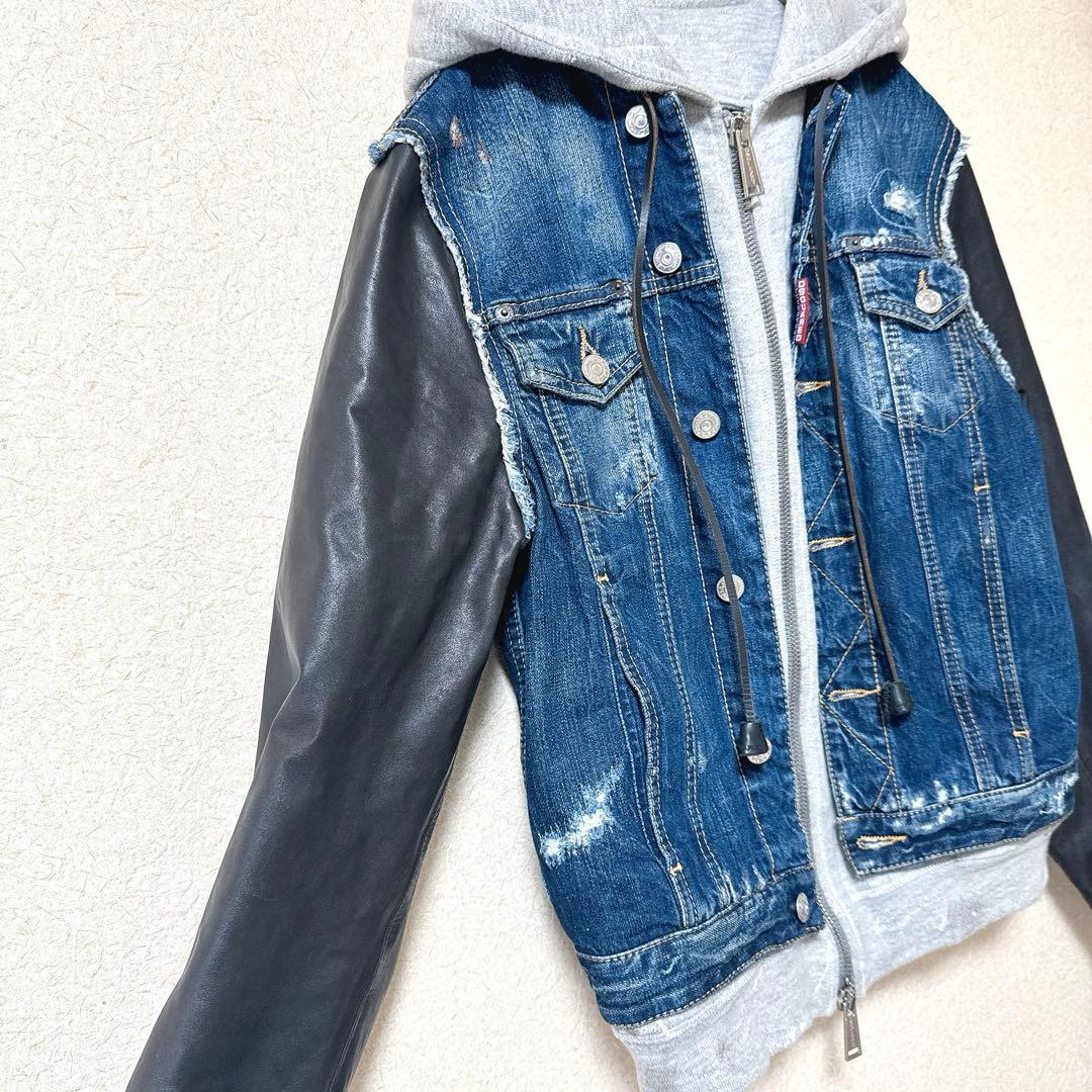 DSQUARED2 デニム ジャケット 袖レザー 46 ダメージ加工 パーカー