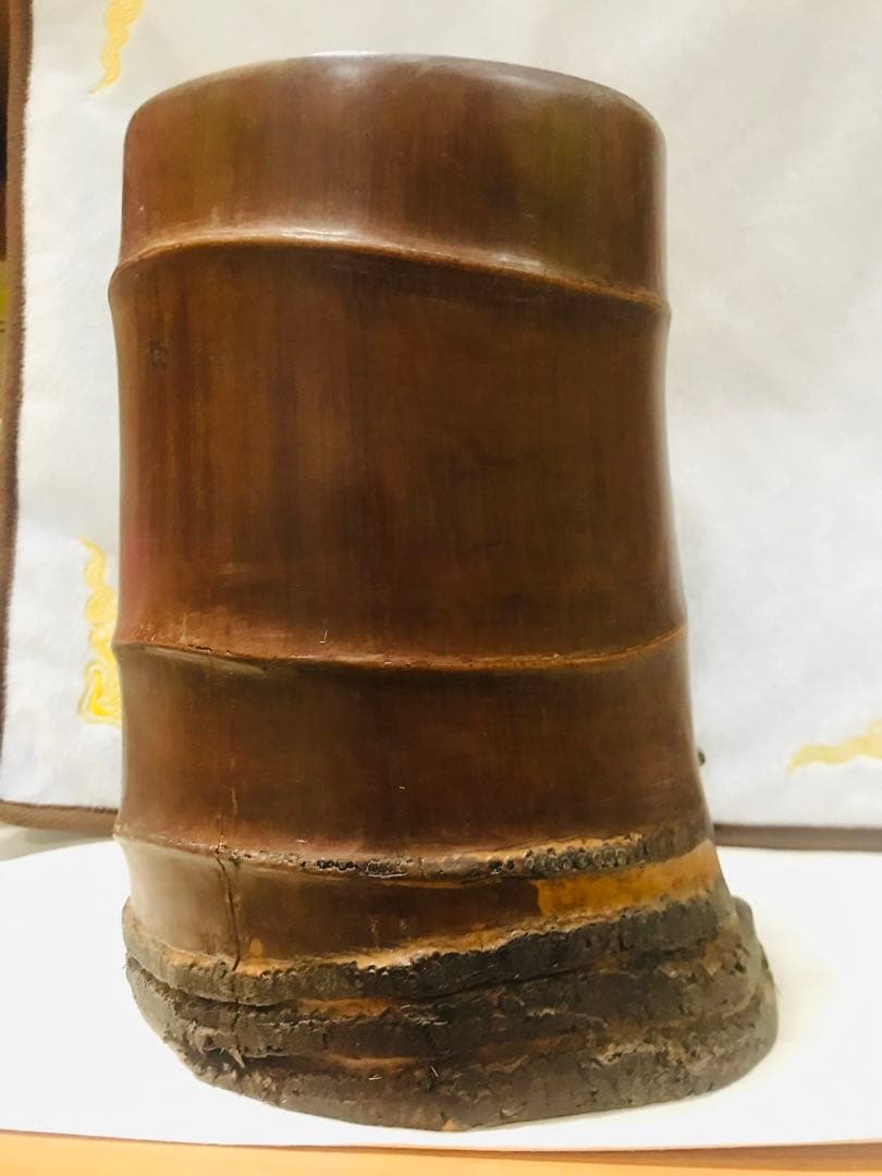 中国古美術　竹根彫　筆筒　，「一帆風順」時代を経た深い艶のある逸品！