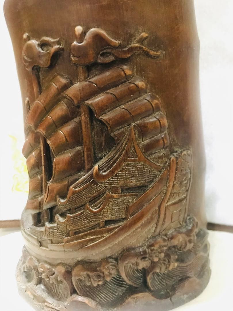 中国古美術　竹根彫　筆筒　，「一帆風順」時代を経た深い艶のある逸品！