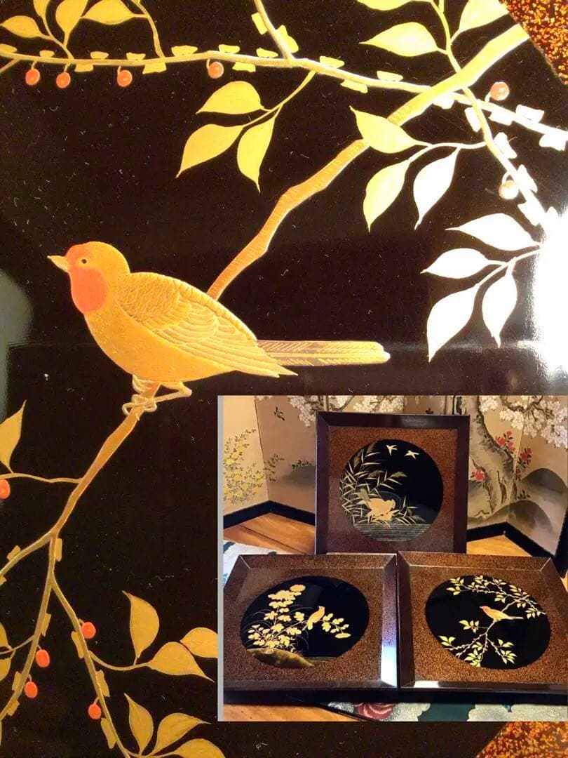 〝特別出品〟木製漆器　極上輪島塗　花鳥紋様蒔絵　絵替　梨地盆（銘　秀穂）10枚