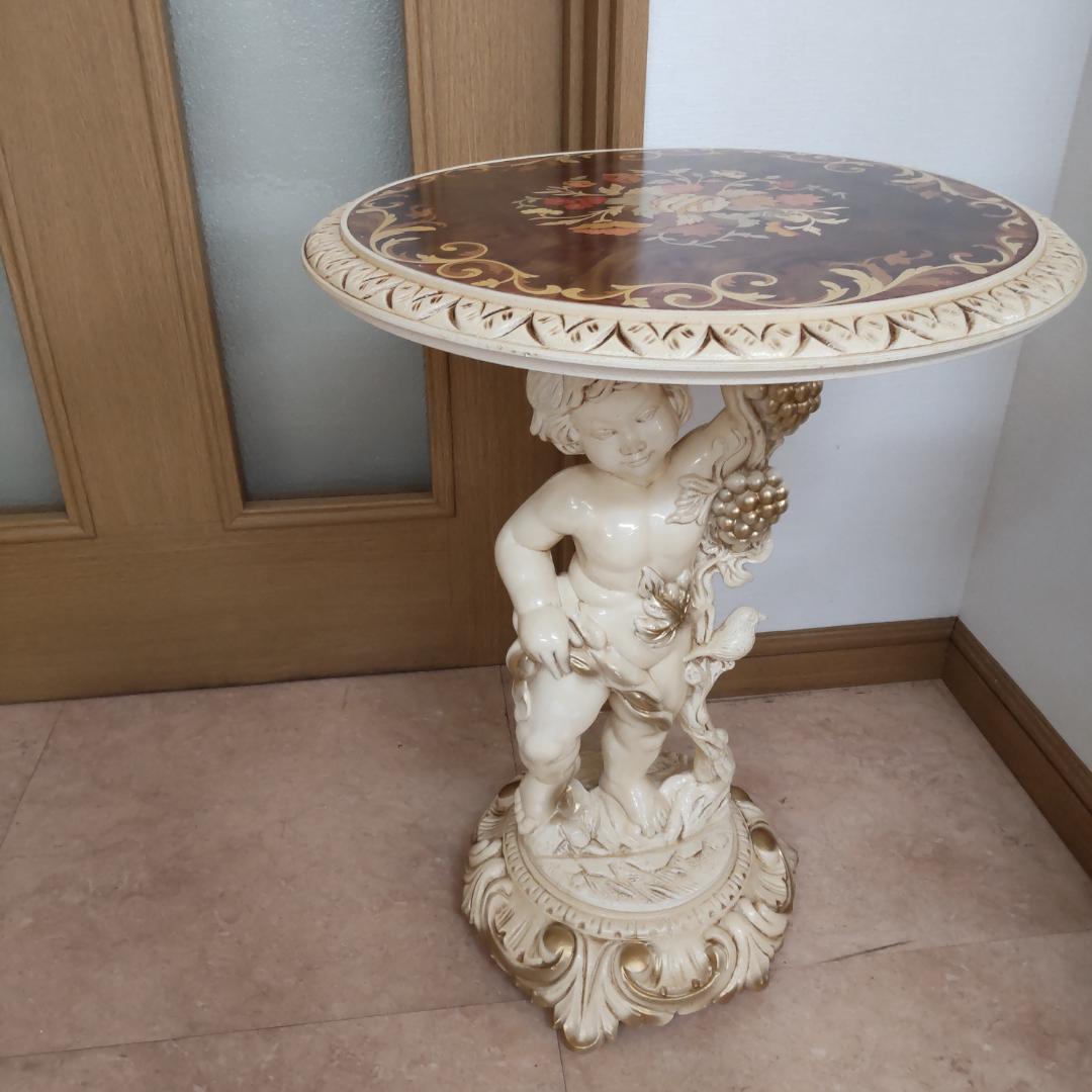 象嵌プリント　西洋アンティーク風　新品　サイドテーブル　組み立て　ピンク付箋