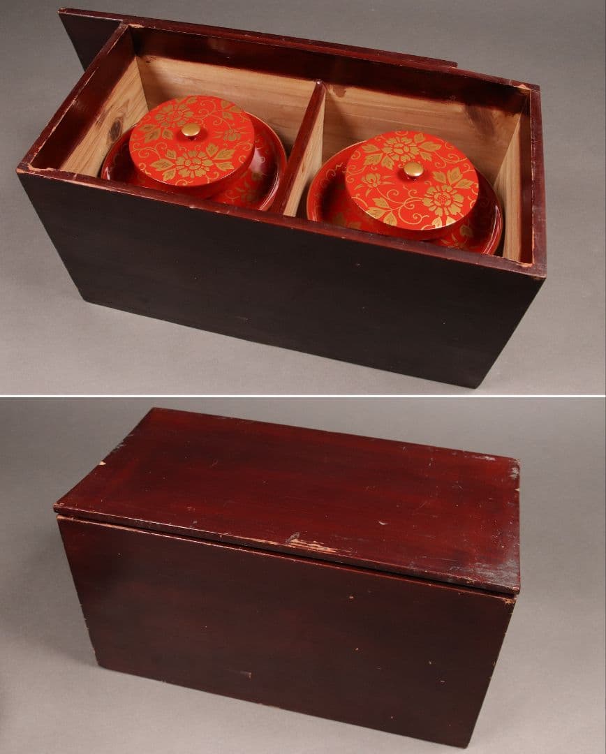M422 時代漆芸 花唐草金蒔絵朱塗茶臺一対 九谷木米赤絵茶器 木箱 /木製茶台