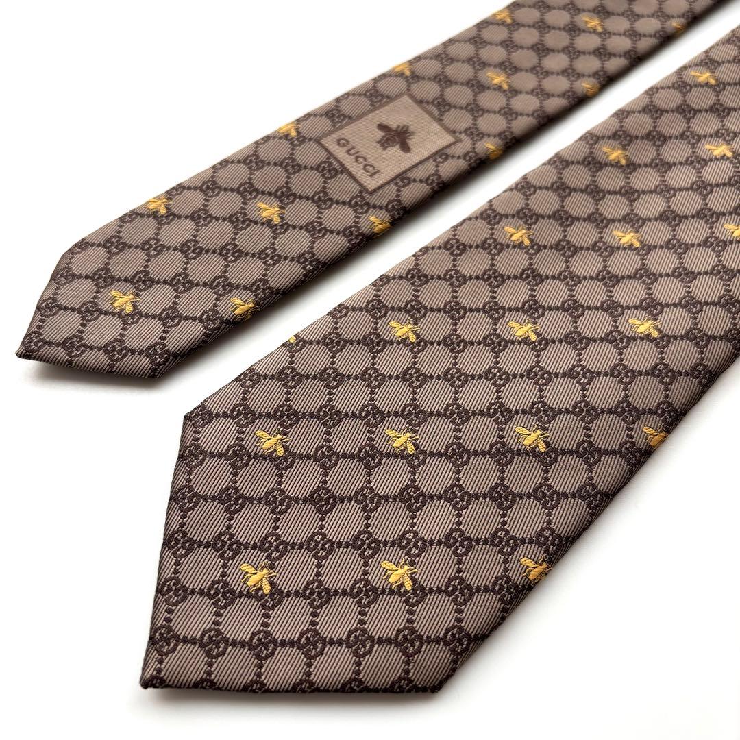 ꧁新品未使用꧂ グッチ ネクタイ ナロータイ GG柄 蜂 ブラウン 現行モデル