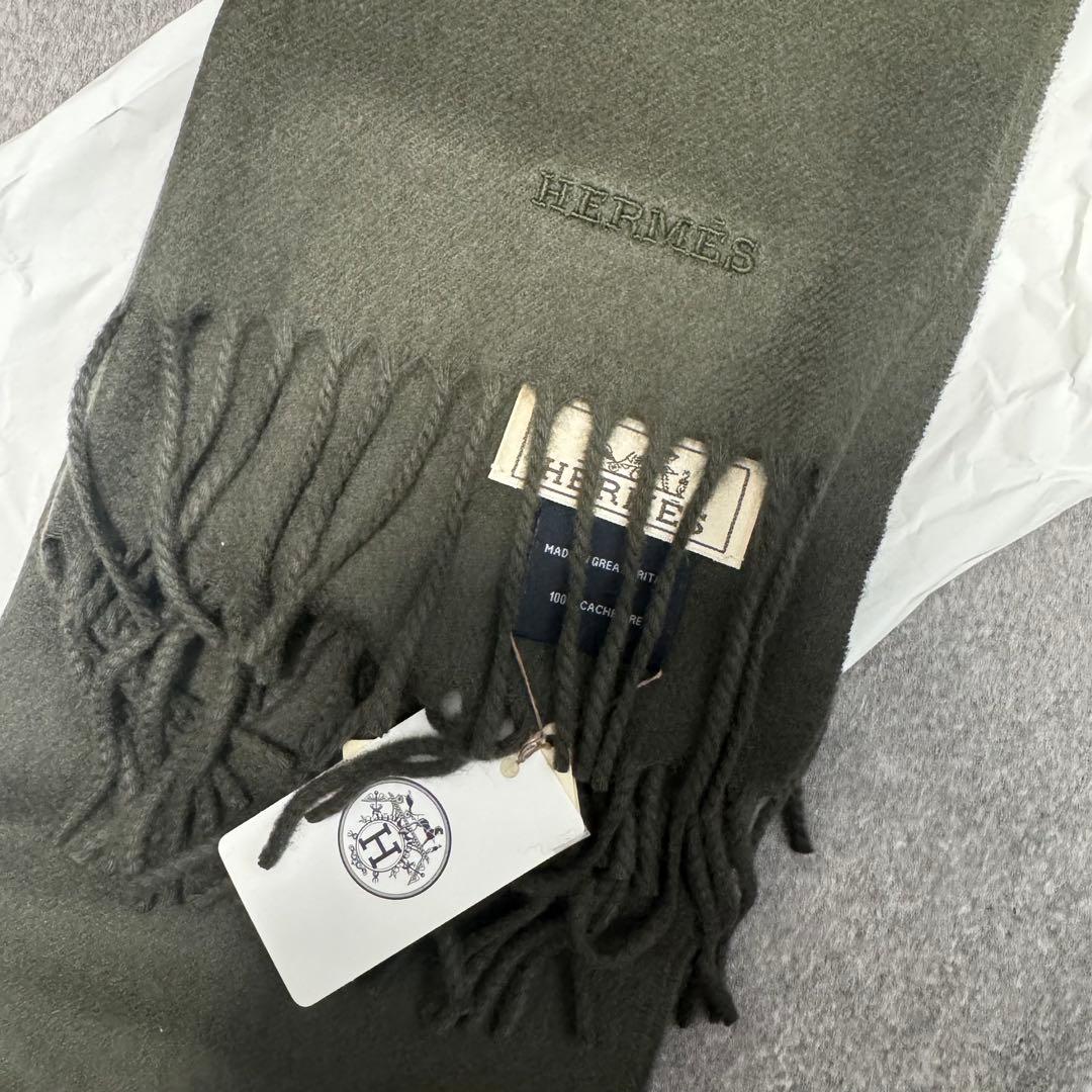 HERMÈS エルメス メンズマフラー カーキ系 新品未使用