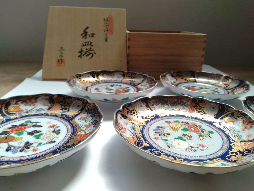 有田焼 其泉作 琳派古伊万里 和皿揃 5客 木箱 金彩 豪華 プレート 手描き
