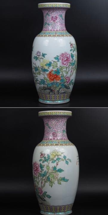 送料無料時代物『中国景徳鎮製』花鳥漢詩手書き粉彩花瓶高さ46.5ｃｍ中国古玩骨董