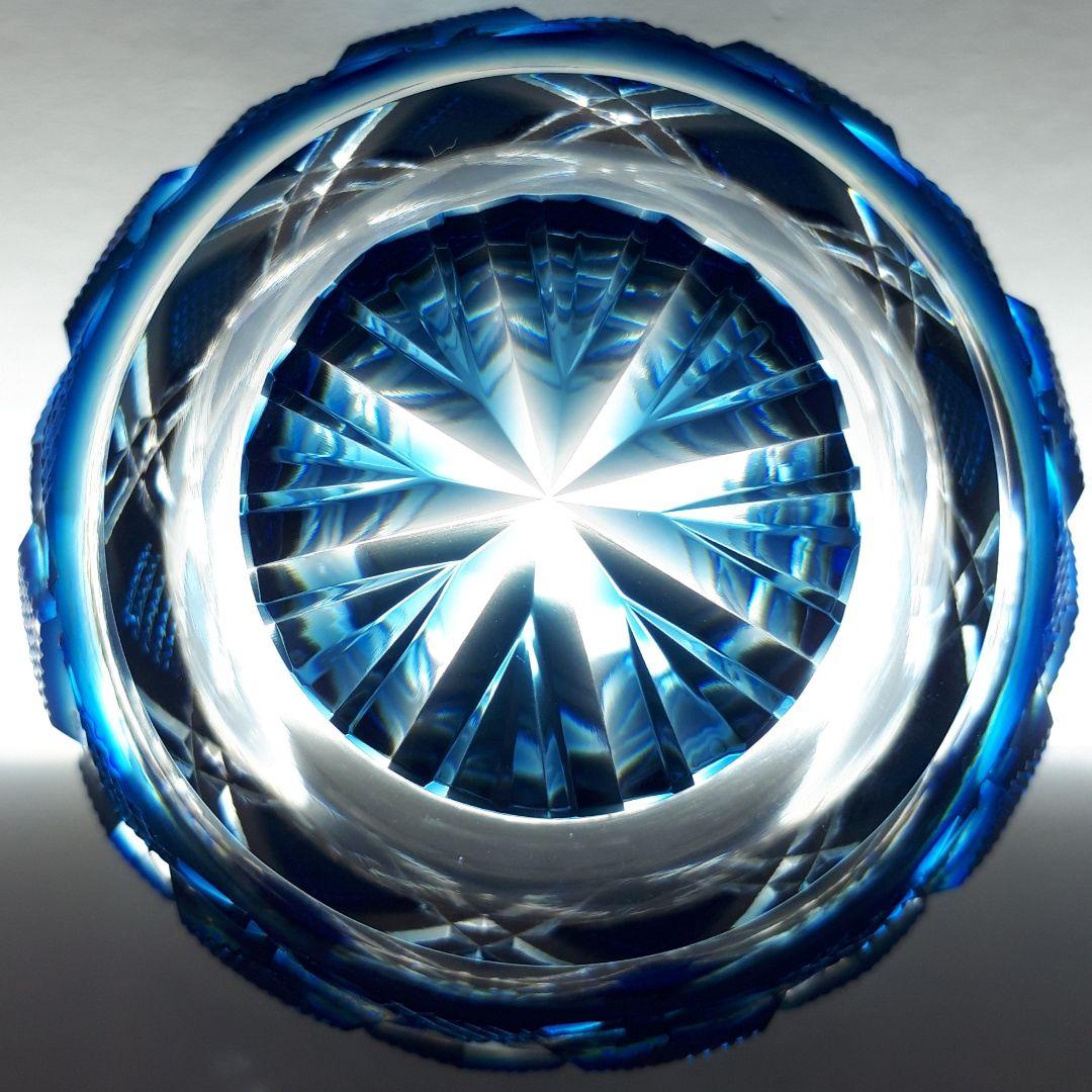 薩摩切子　カメイガラス　藍被　切子 碗　　　重矢来紋様　作家物　【入手困難作品】