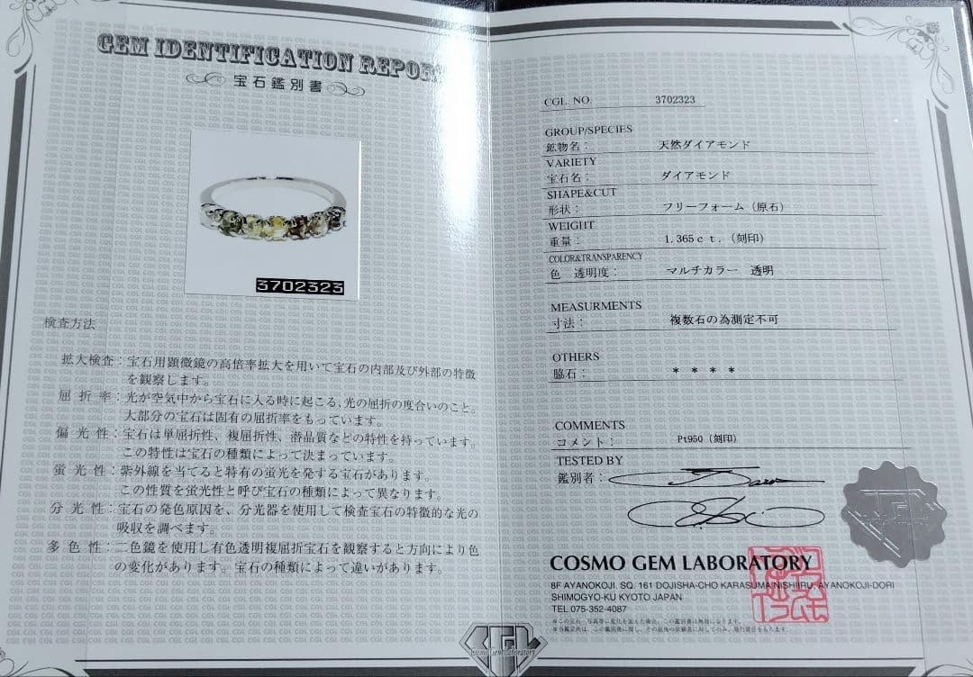 12号 pt900 ダイヤモンド 原石 グラデーション ハーフエタニティ 鑑別書