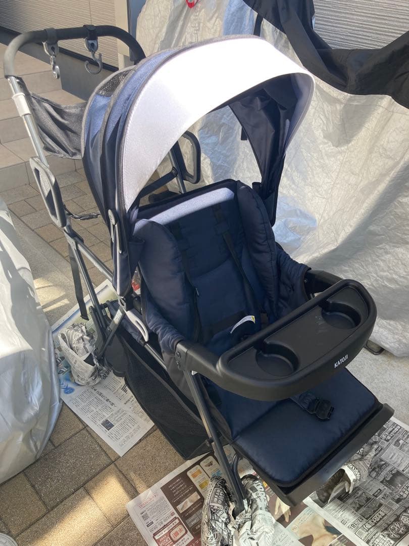 【値下げ中】ベビーカー 二人でゴー カトージ ネイビー 雨よけカバー付き