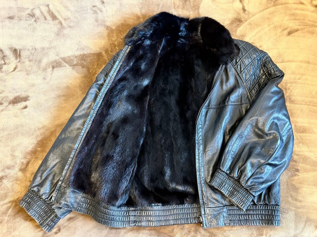 希少メンズ リバーシブル ジャケット レザー ミンクファー 中綿 防寒 ブラック