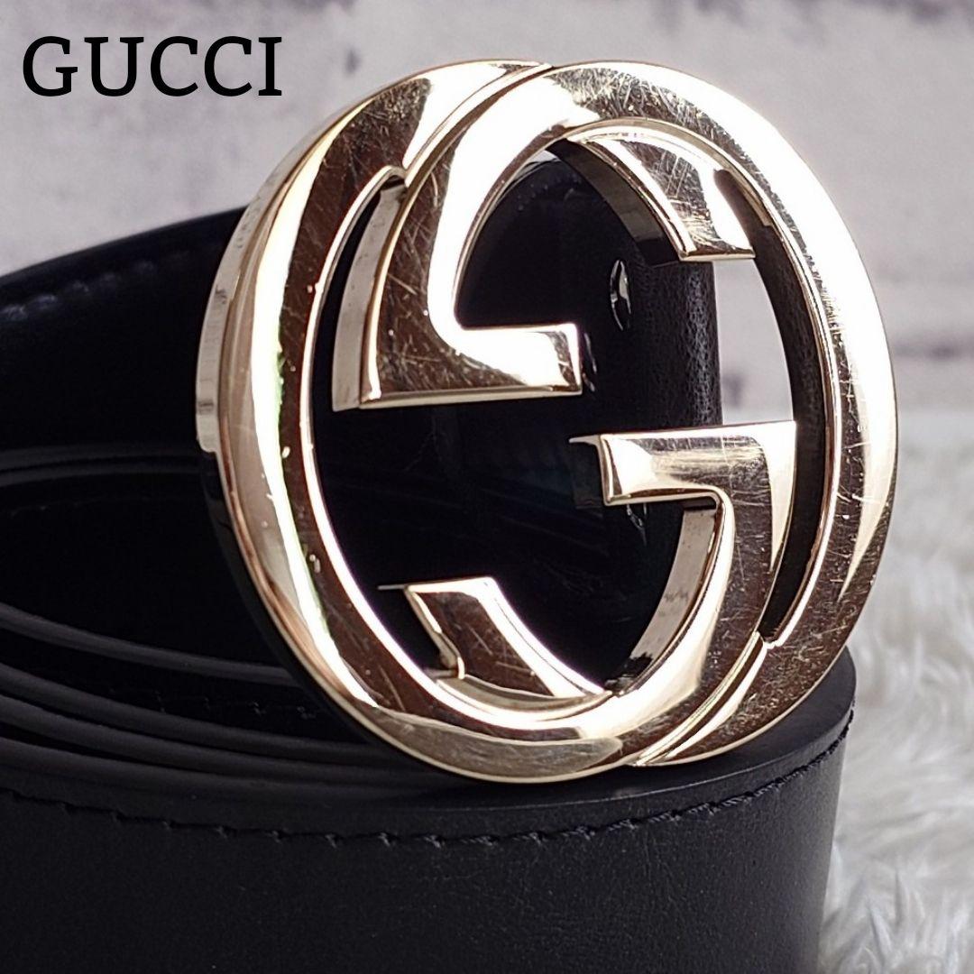 グッチ インターロッキング ゴールド バックル レザー ベルト ロゴ金具 黒