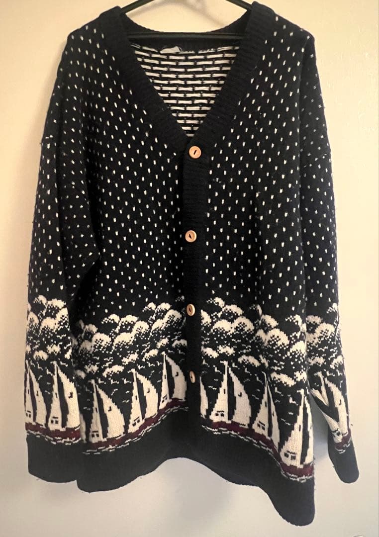 【Feeet購入】ボート柄 ニットカーディガン バーズアイ ノルディック
