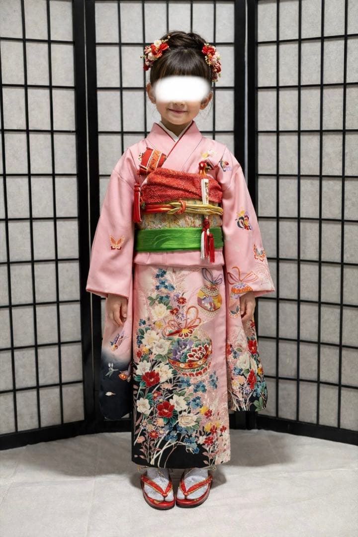 七五三　着物セット　7歳　正絹　淡いピンク色　ハーフ成人式　十三詣り　ふくら雀