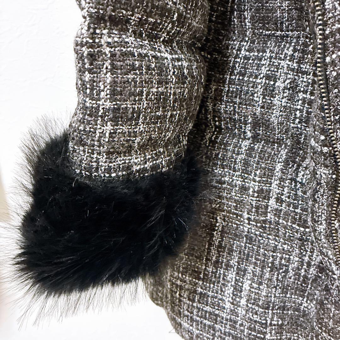 最安値！RESEXXY ファー付きダウンジャケット Mサイズ ツイード白黒生地