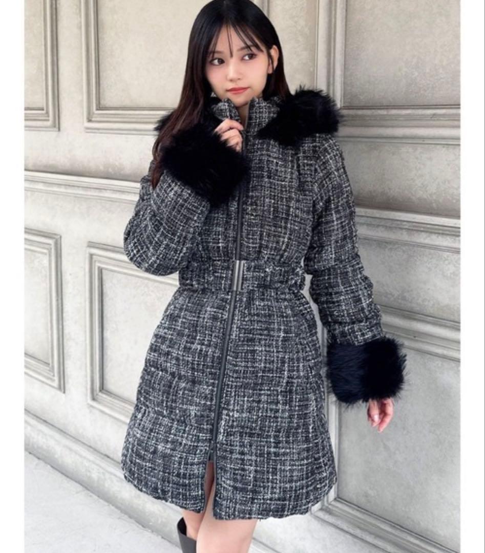 最安値！RESEXXY ファー付きダウンジャケット Mサイズ ツイード白黒生地