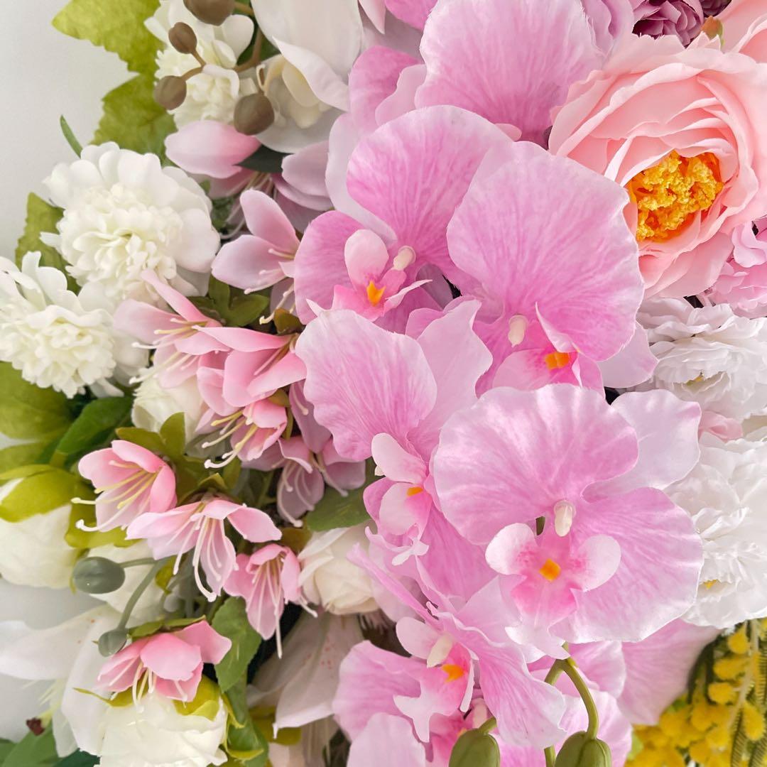 胡蝶蘭とミモザのスワッグ｜光触媒フラワー 特大83cm 春色フラワーリース